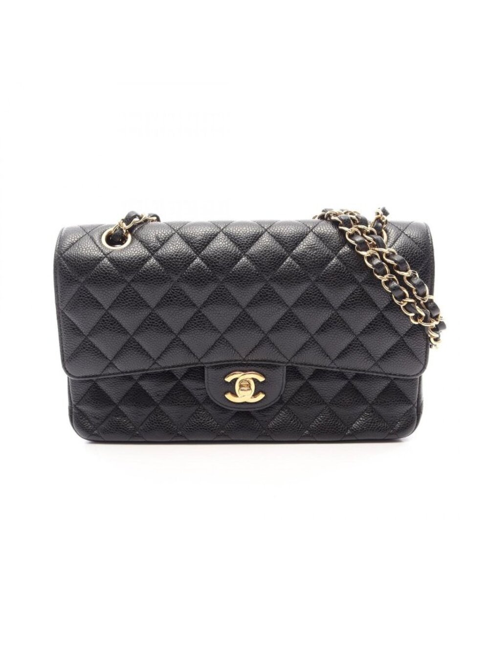 Chanel Shoulder Bag Quilted Double Flap Black Caviar Leather Chain